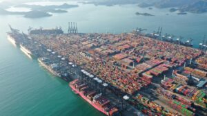 An aerial view shows shipping containers at the Yantian International Container Terminals in Shenzhen, Guangdong province, China.